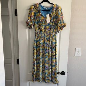 Collective Concepts Blue and Yellow Floral Midi Dress